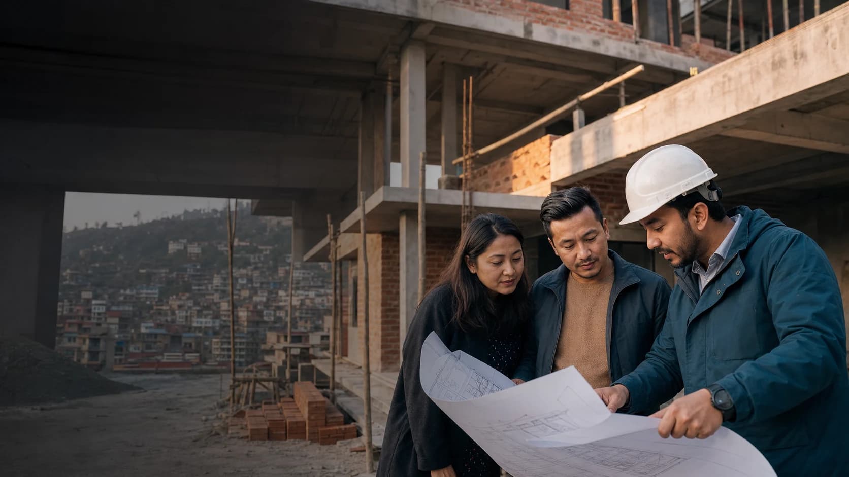 Nepali homeowners reviewing their house plan with an engineer at their construction site