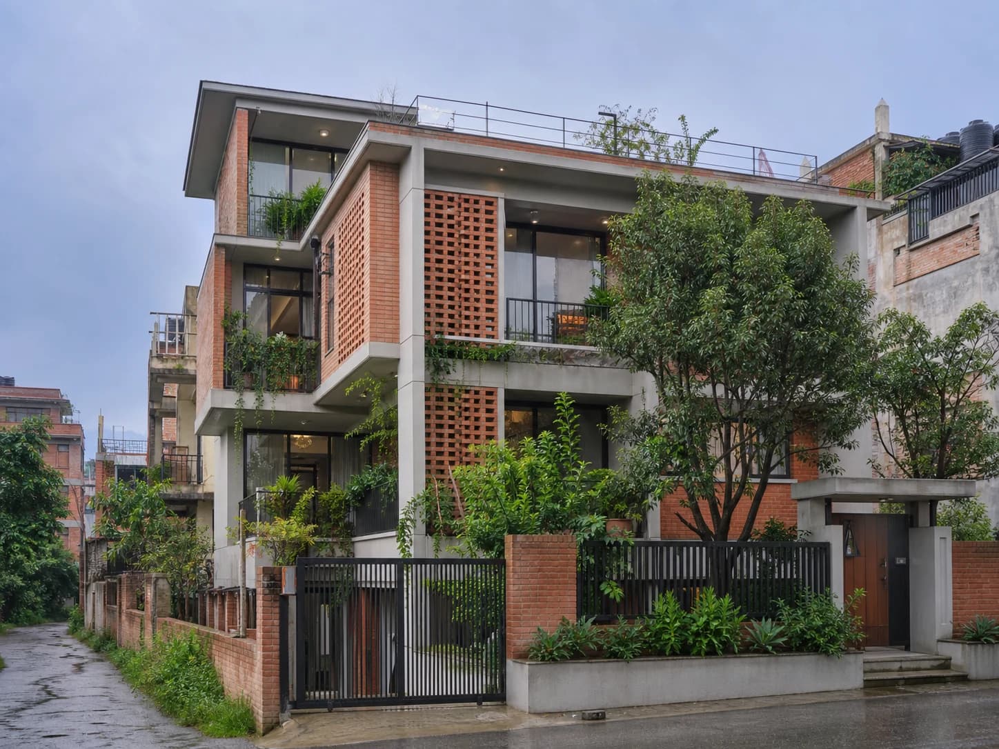 Completed contemporary brick residence in Lalitpur