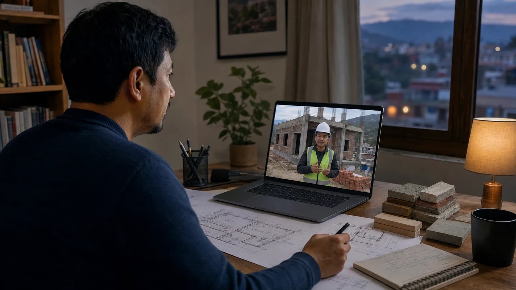 A Nepali homeowner abroad reviewing their house construction in Nepal with a site engineer over video call