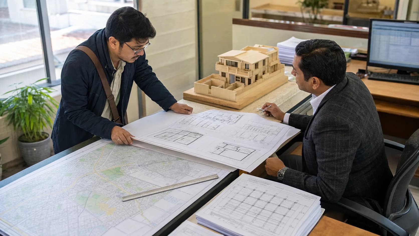 A Nepali architect and municipal reviewer examining residential plans, a cadastral map, and a house model