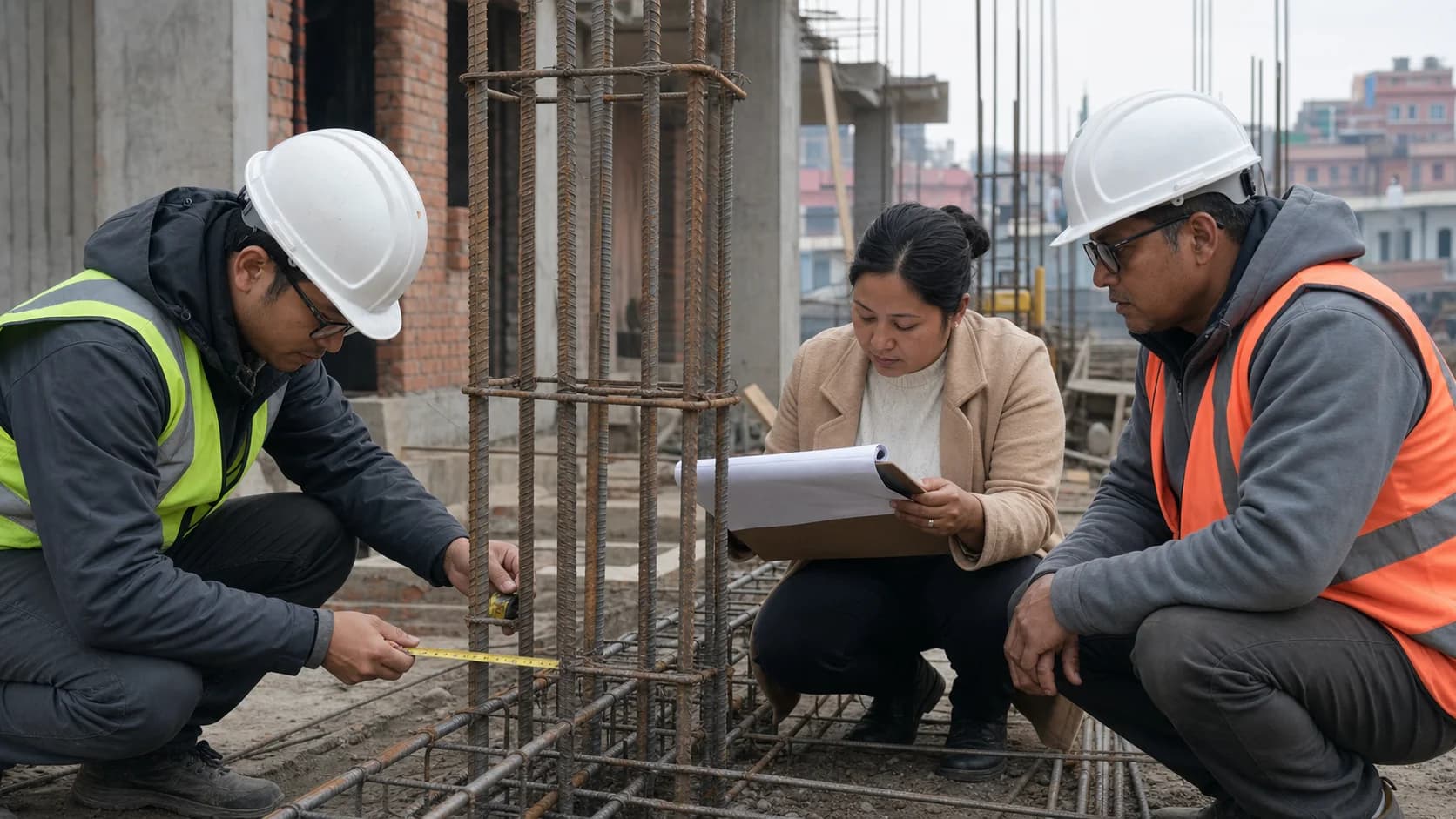 A homeowner and construction professionals checking reinforcement steel at a Nepal house construction site