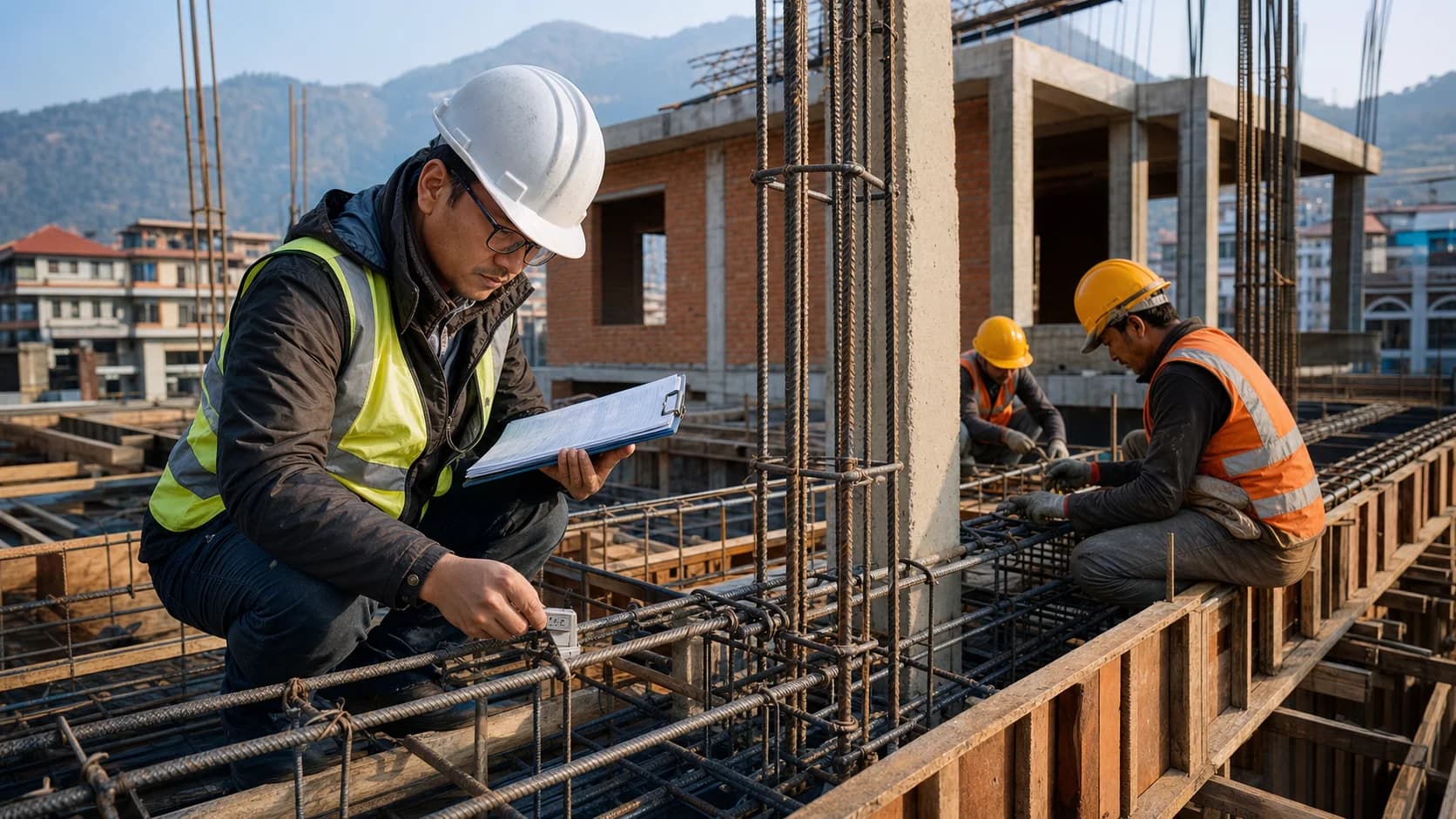 A structural engineer inspecting reinforced-concrete beam and column steel at a Nepal house construction site
