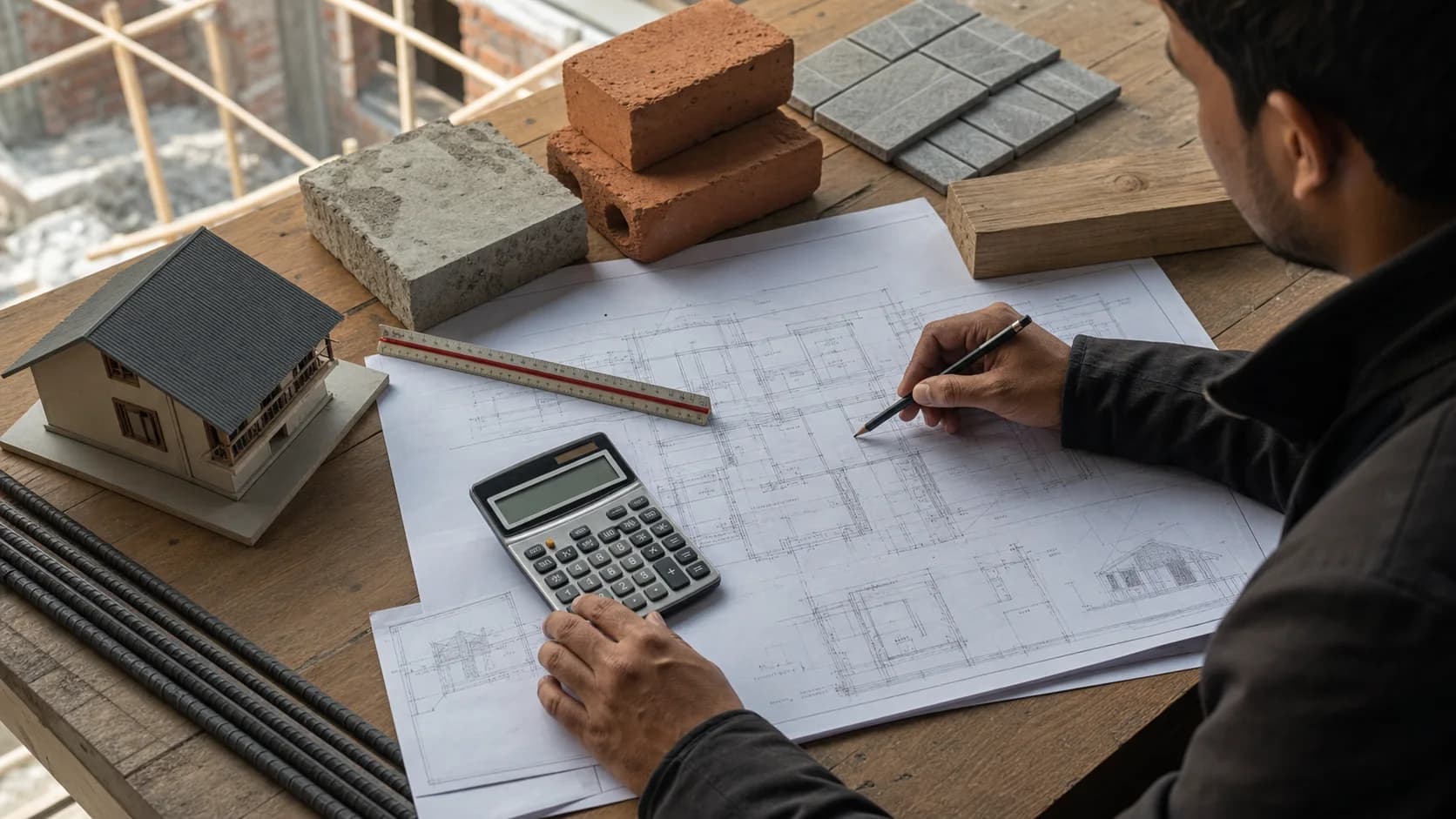 A Nepali quantity surveyor calculating a house budget from drawings and construction material samples
