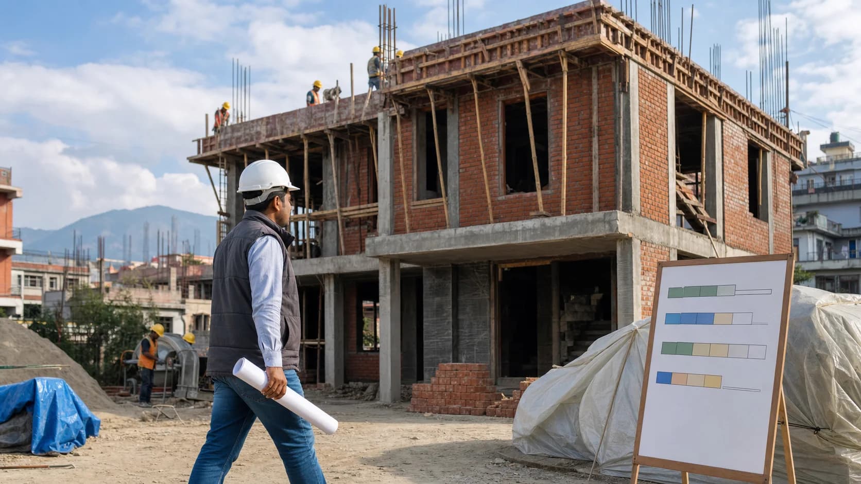 A construction manager reviewing progress at a two-storey family house being built in the Kathmandu Valley